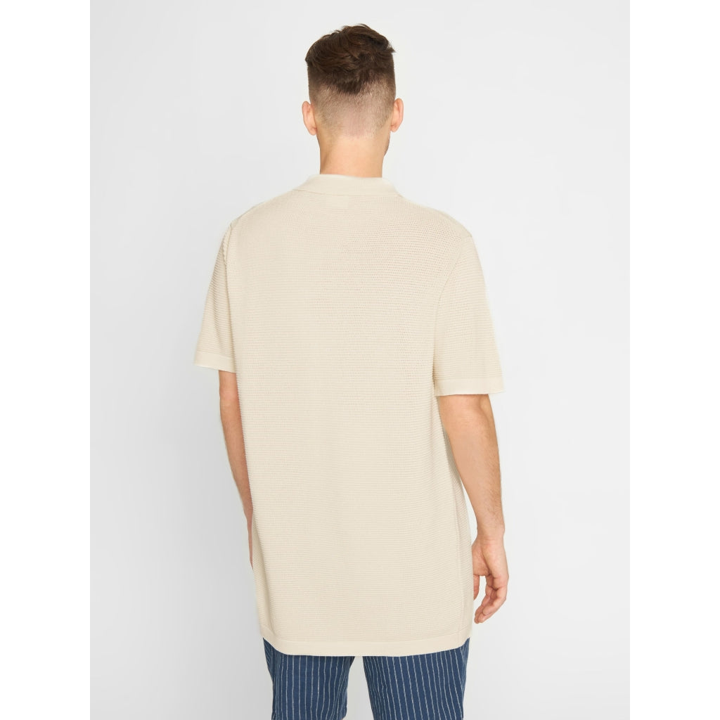 Polo zippé beige en maille de coton bio - polo zipper knit egret