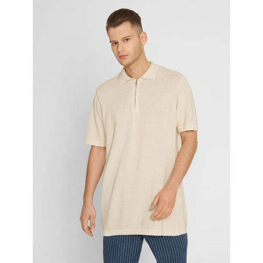 Polo zippé beige en maille de coton bio - polo zipper knit egret