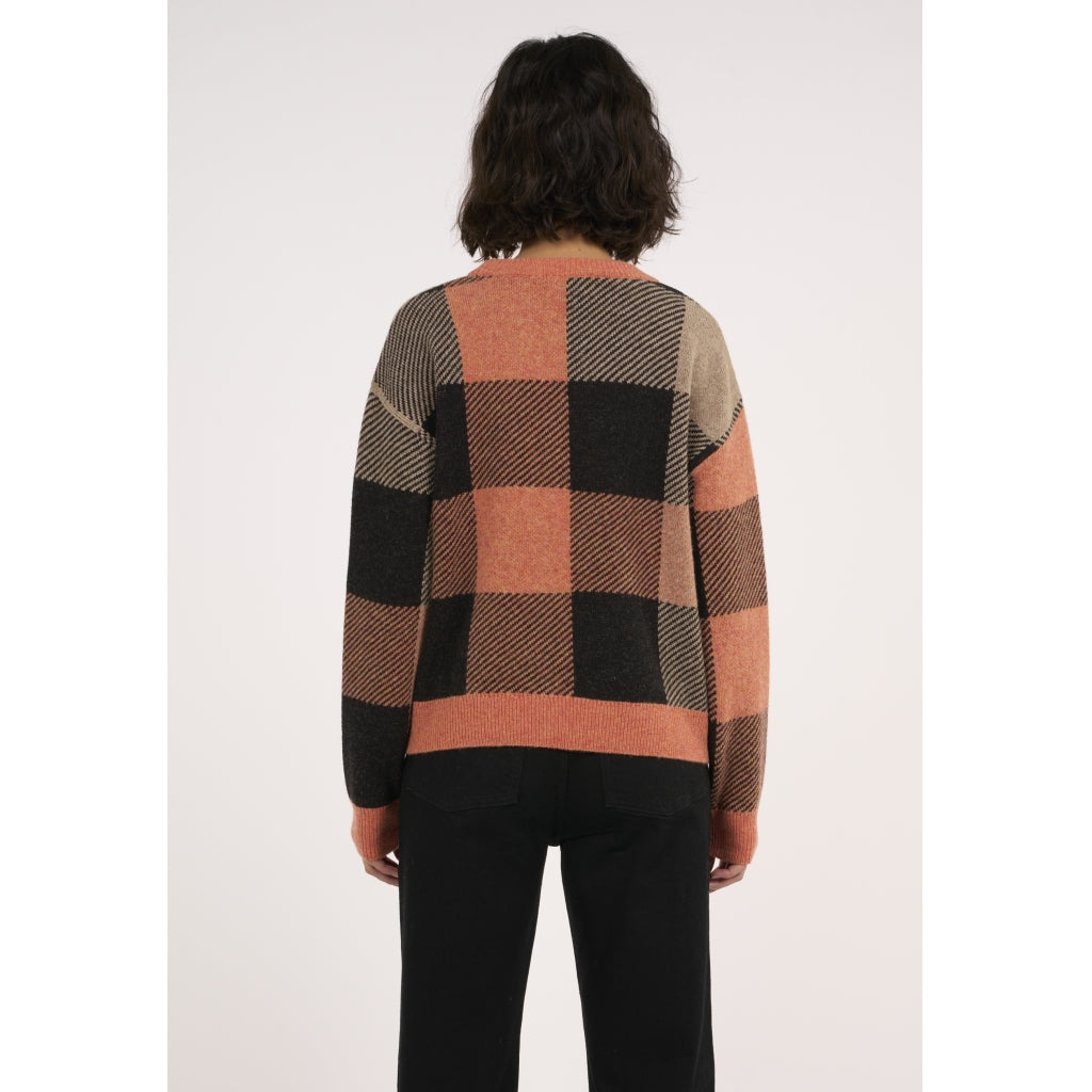 Pull à carreaux rouille et noir en laine bio - boxy pixel check autumn leaf