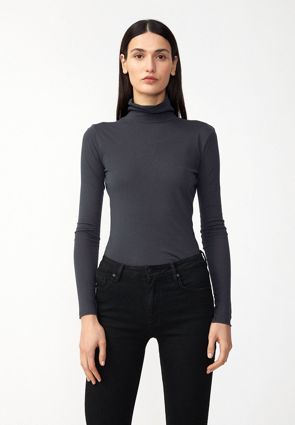 T-shirt manches longues col roulé gris en coton bio - Malenaa