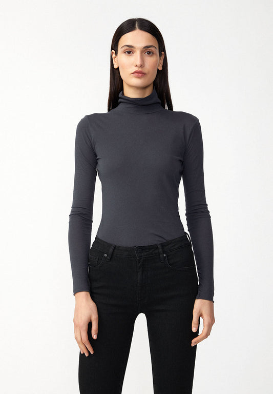 T-shirt manches longues col roulé gris en coton bio - Malenaa