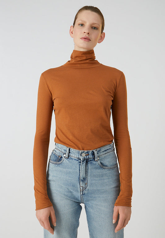 T-shirt manches longues col roulé marron en coton bio - Malenaa