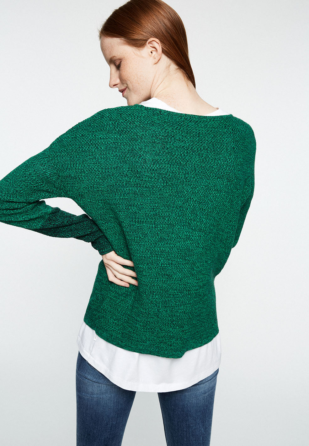 Pull en maille bicolore vert en coton bio - Kaela Mouliné