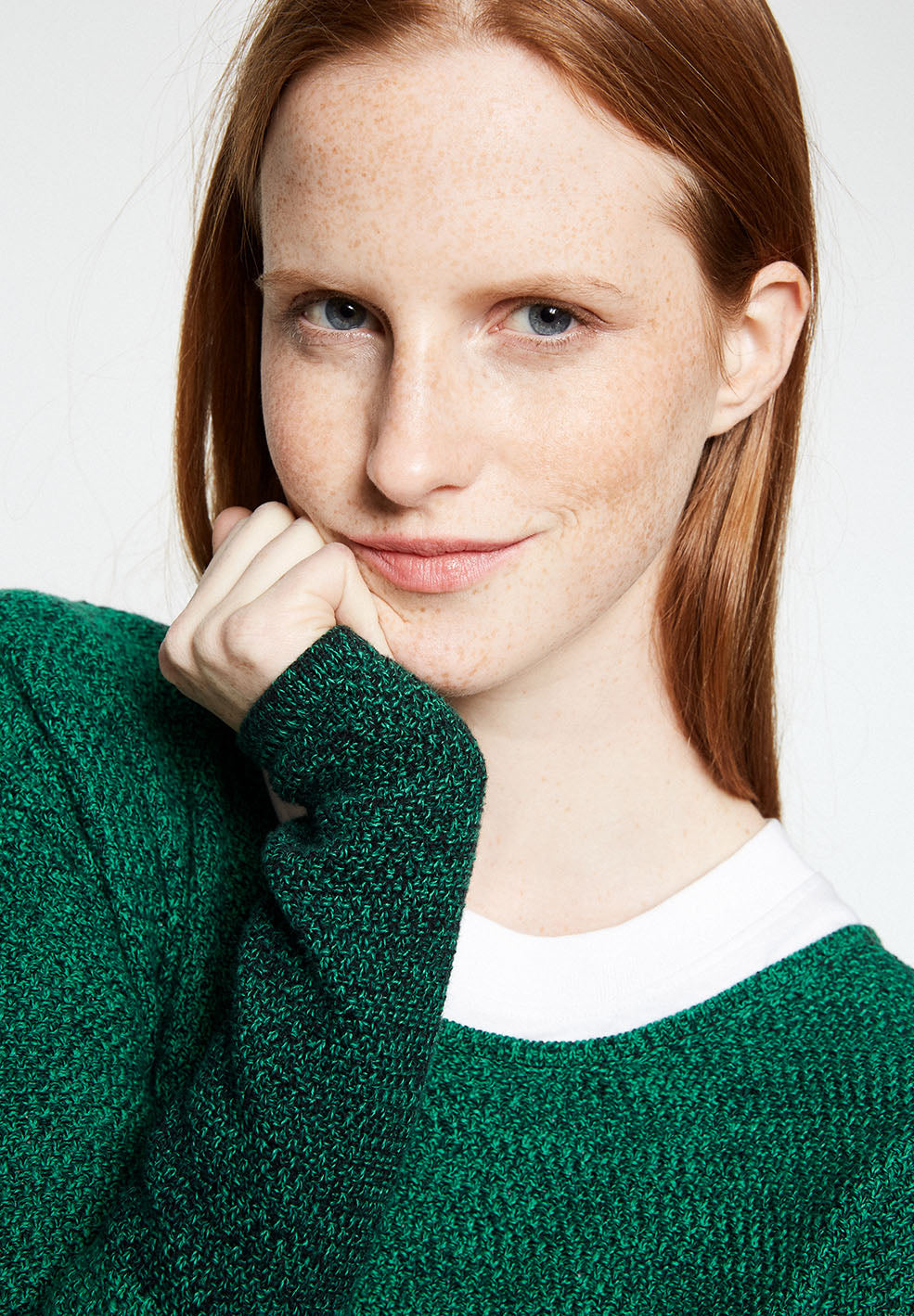 Pull en maille bicolore vert en coton bio - Kaela Mouliné