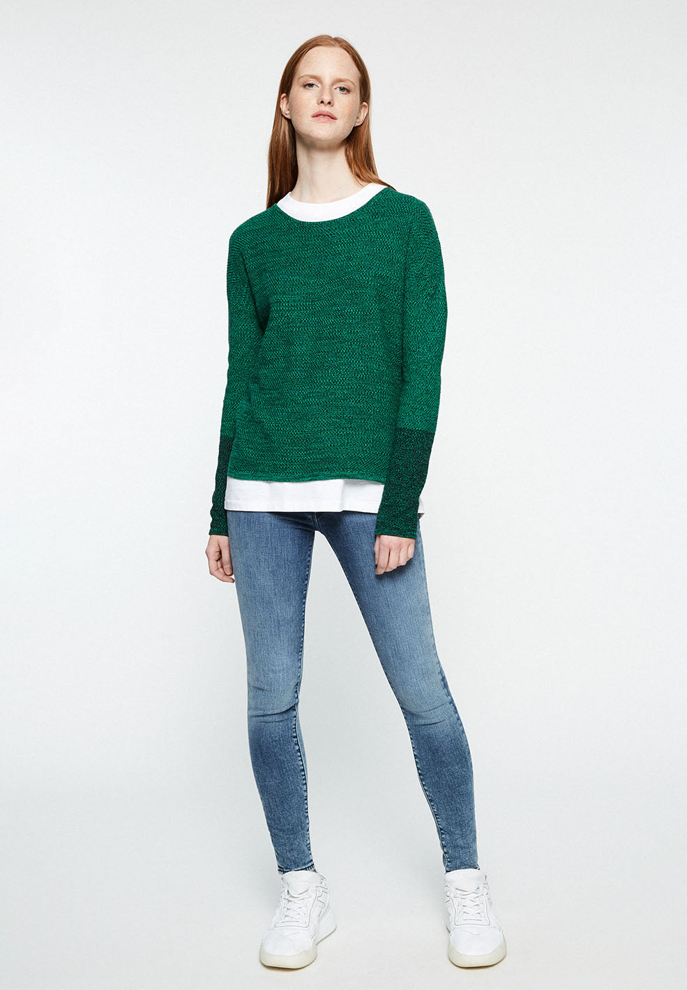 Pull en maille bicolore vert en coton bio - Kaela Mouliné