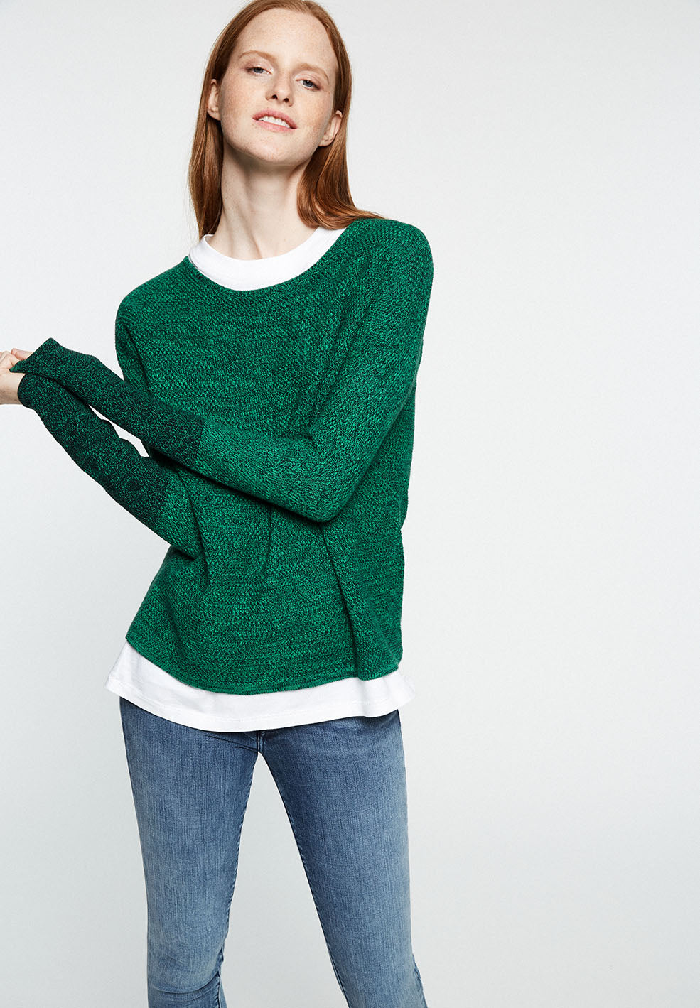Pull en maille bicolore vert en coton bio - Kaela Mouliné