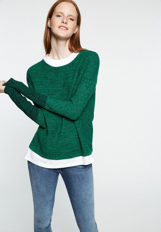 Pull en maille bicolore vert en coton bio - Kaela Mouliné