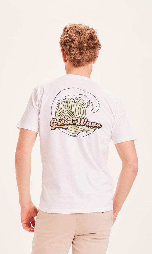 T-shirt blanc imprimé en coton bio - ALDER The Green Wave bright white