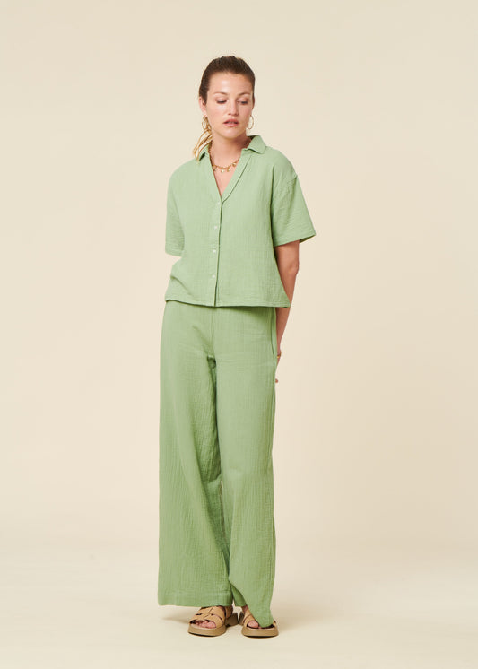 Pantalon ample en gaze de coton bio | vert clair "Bubble wide leg light green"