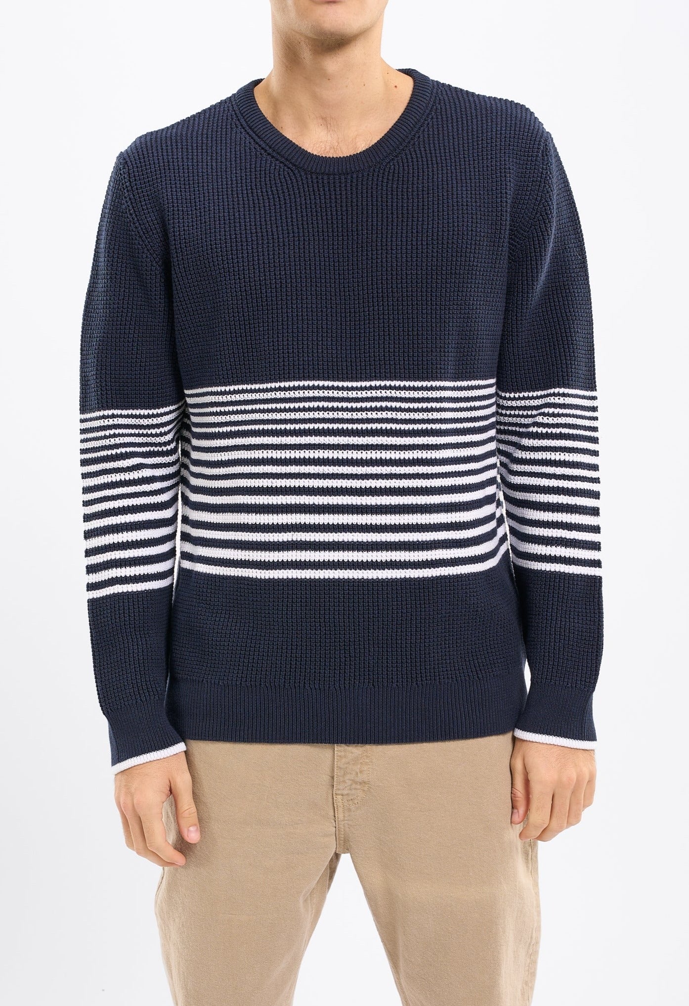 Pull marine à rayures blanches en coton bio - classic waffle striped total eclipse