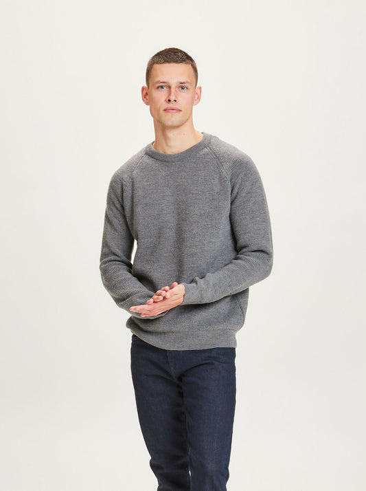 Pull en laine mérinos certifiée | Gris "o-neck merino wool rib grey melange"
