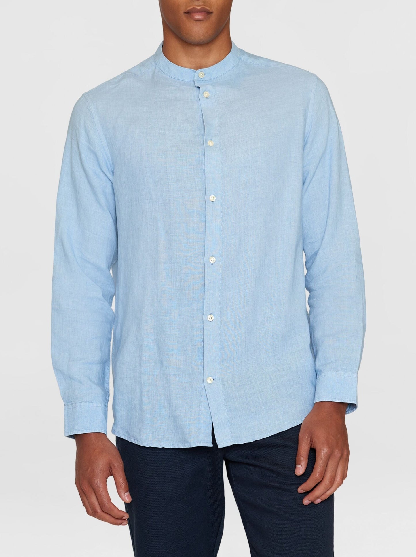 Chemise col mao en lin bio | Bleu "regular linen stand collar asley blue"