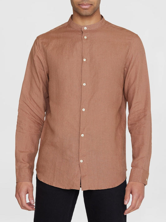 Chemise col mao en lin bio | Marron "regular linen stand collar shirt chocolate malt"