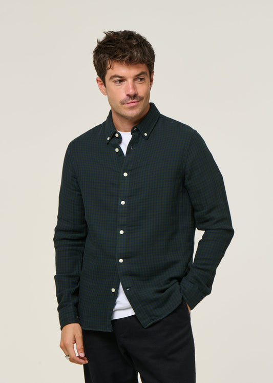 Chemise à carreaux en coton bio | vert "double layer checkered shirt green check"