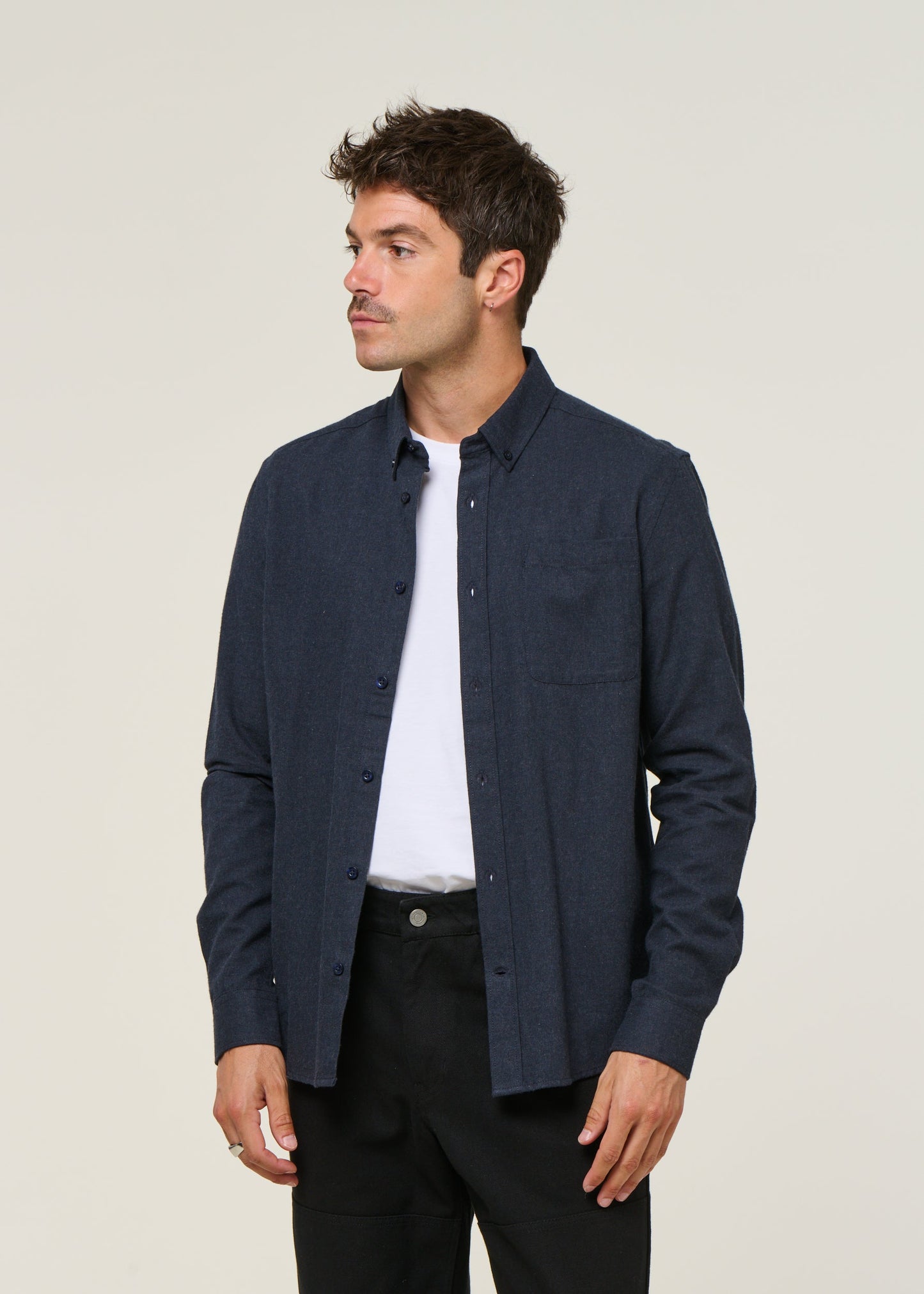 Chemise flanelle en coton bio | marine "regular fit melangé flannel shirt total eclipse"