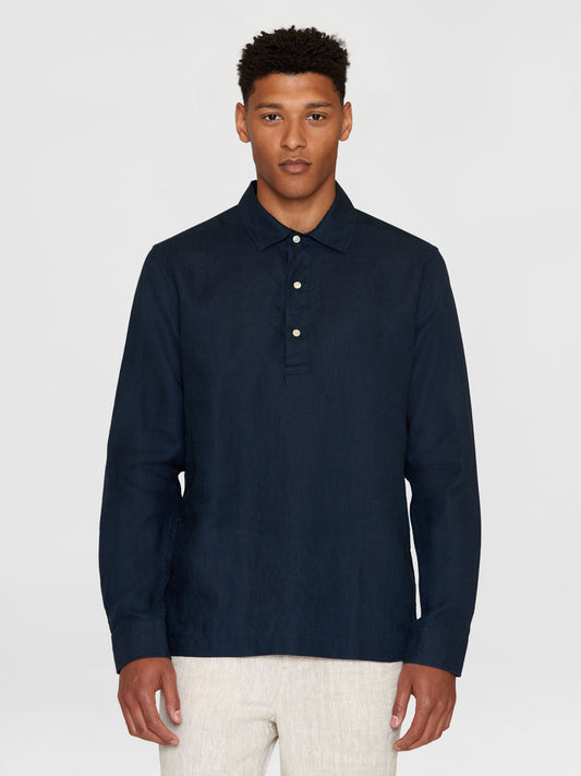 Polo manches longues en lin bio | Marine "loose linen polo shirt total eclipse"