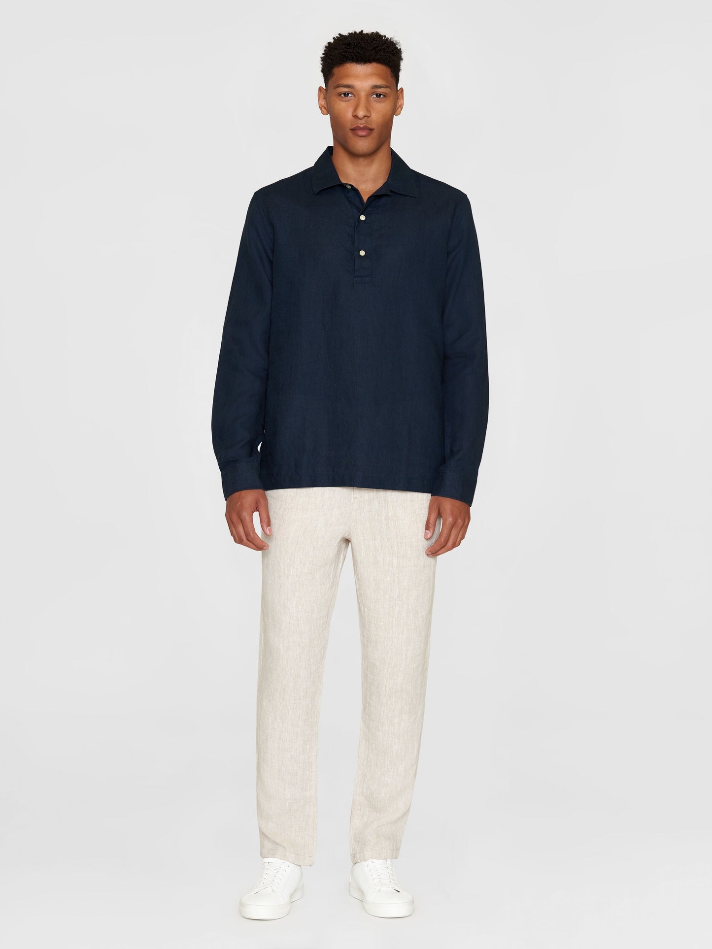 Polo manches longues en lin bio | Marine "loose linen polo shirt total eclipse"