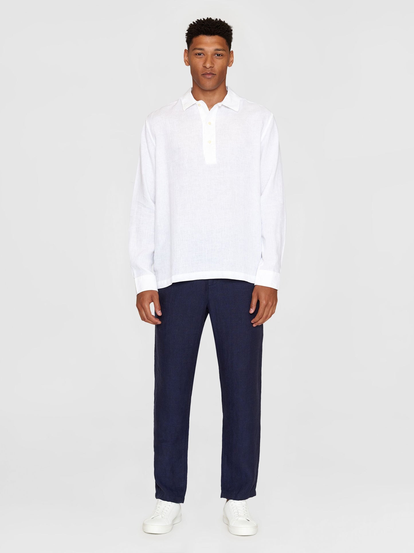 Polo manches longues en lin bio | Blanc "loose linen polo shirt bright white"