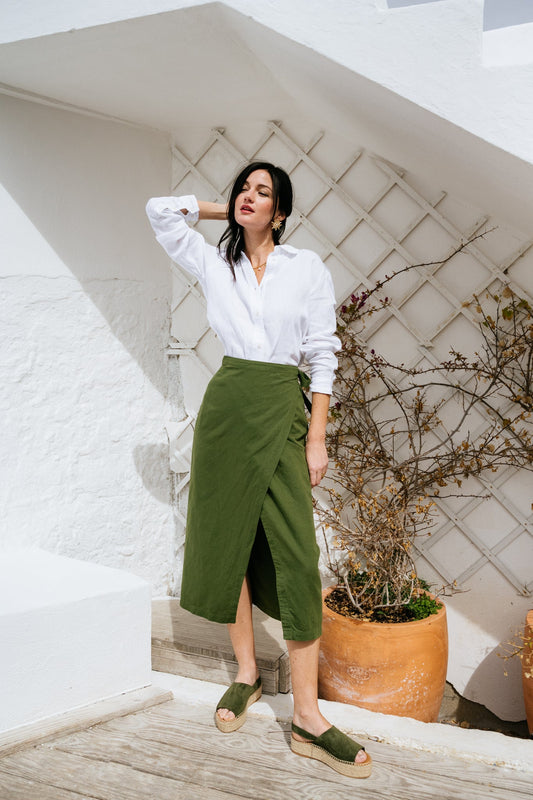 Jupe portefeuille en lin et coton bio | vert "Hanna wrap skirt hs - pine green"