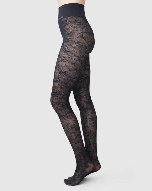 Collants 40 deniers à motifs en recyclé | Noir "alba ginkgo tights black"