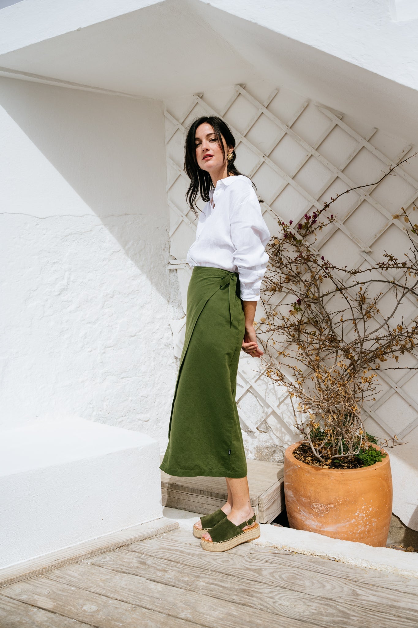 Jupe portefeuille en lin et coton bio | vert "Hanna wrap skirt hs - pine green"
