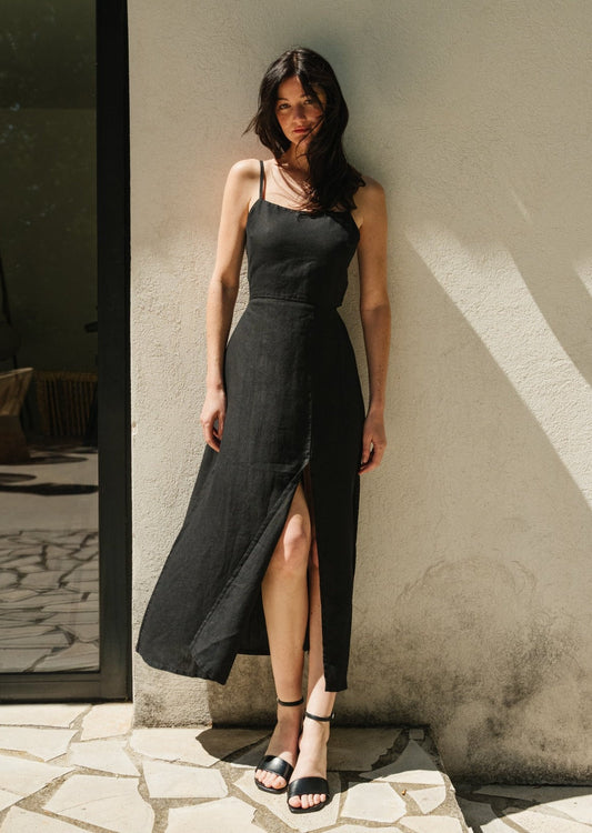 Robe longue dos nu en lin | noir "leuven black"