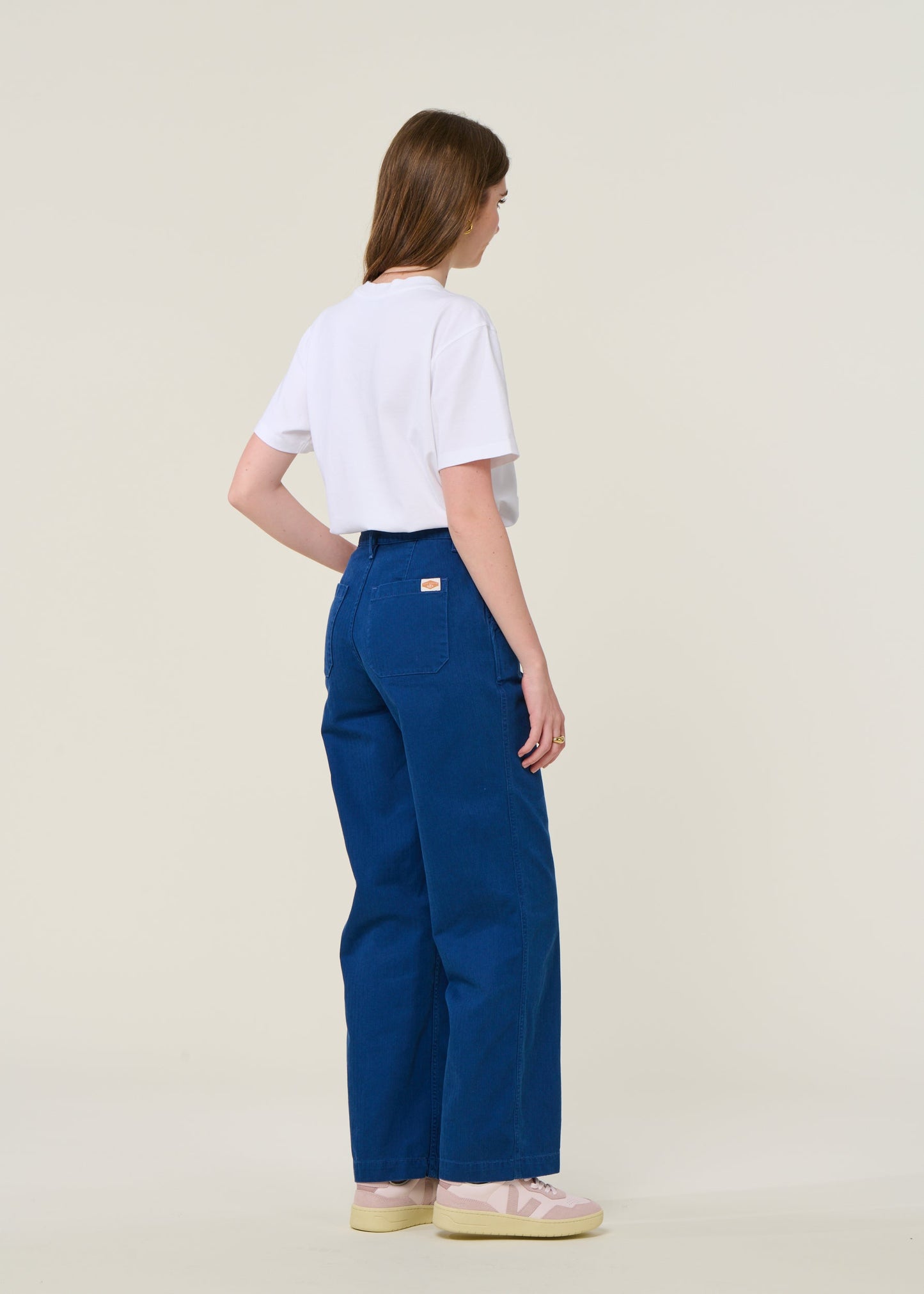 Pantalon droit large worker en coton bio | bleu "wendy herringbone denim pants blue"