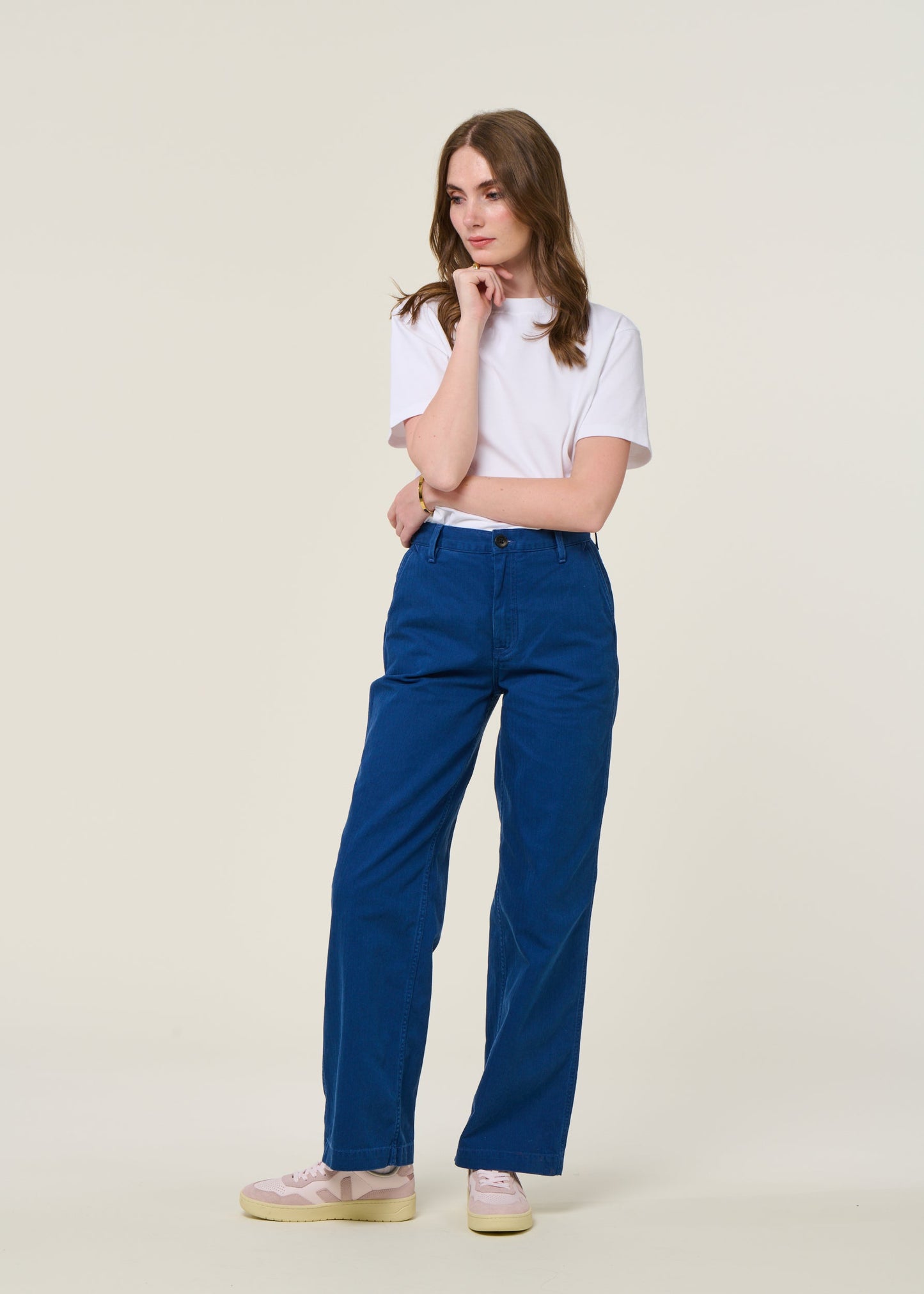 Pantalon droit large worker en coton bio | bleu "wendy herringbone denim pants blue"