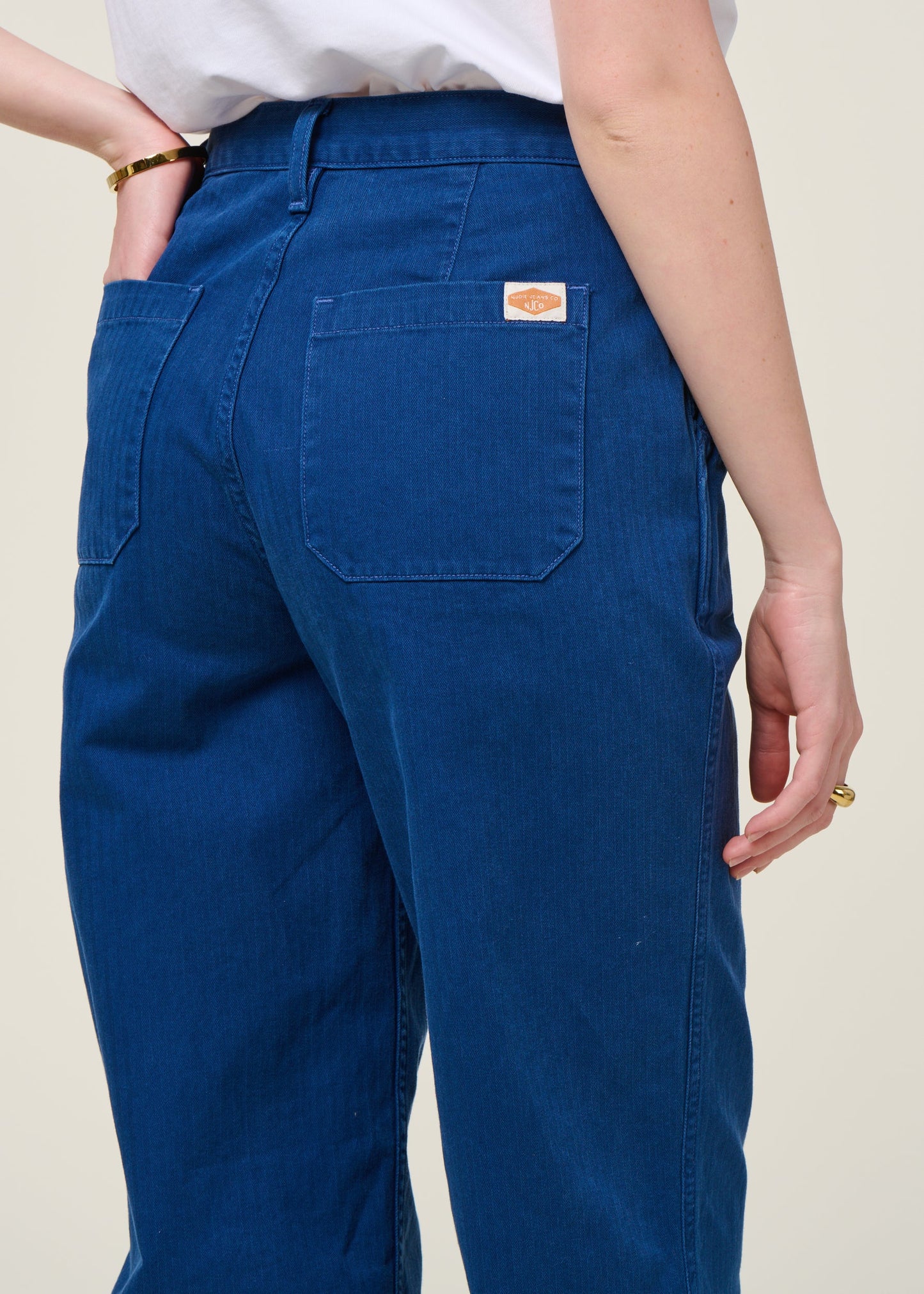 Pantalon droit large worker en coton bio | bleu "wendy herringbone denim pants blue"