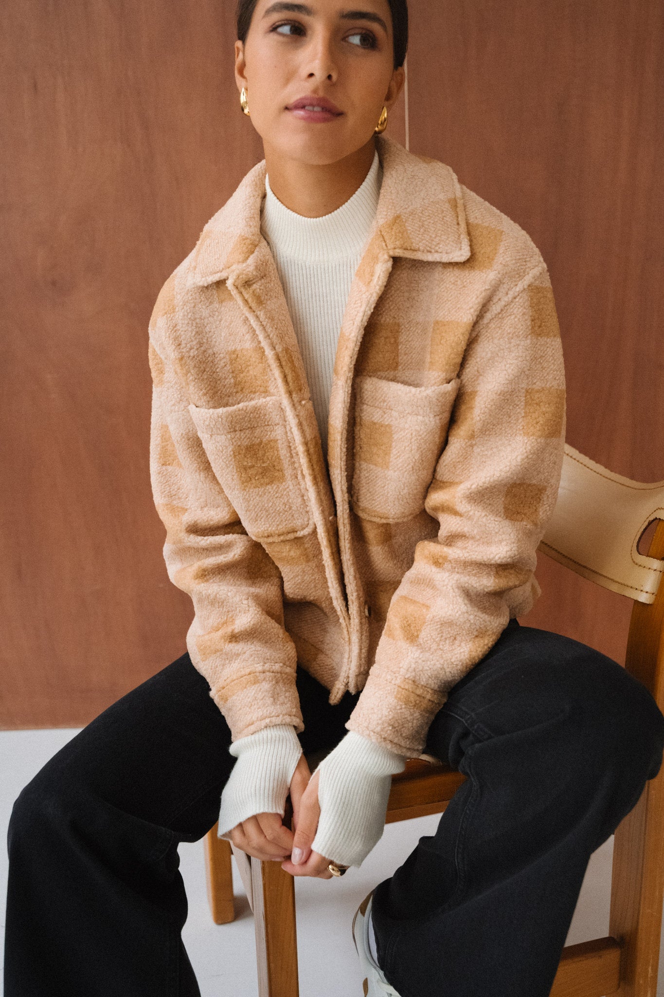 Veste polaire en matière recyclée | carreaux beige "hoben - mustard check"