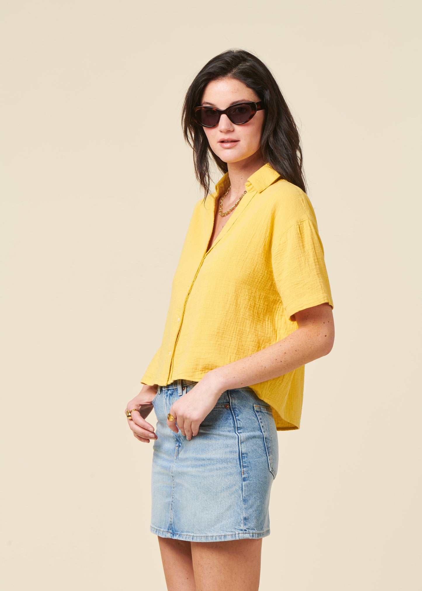 Chemise en coton biologique | jaune "Bubble cropped blouse yellow"
