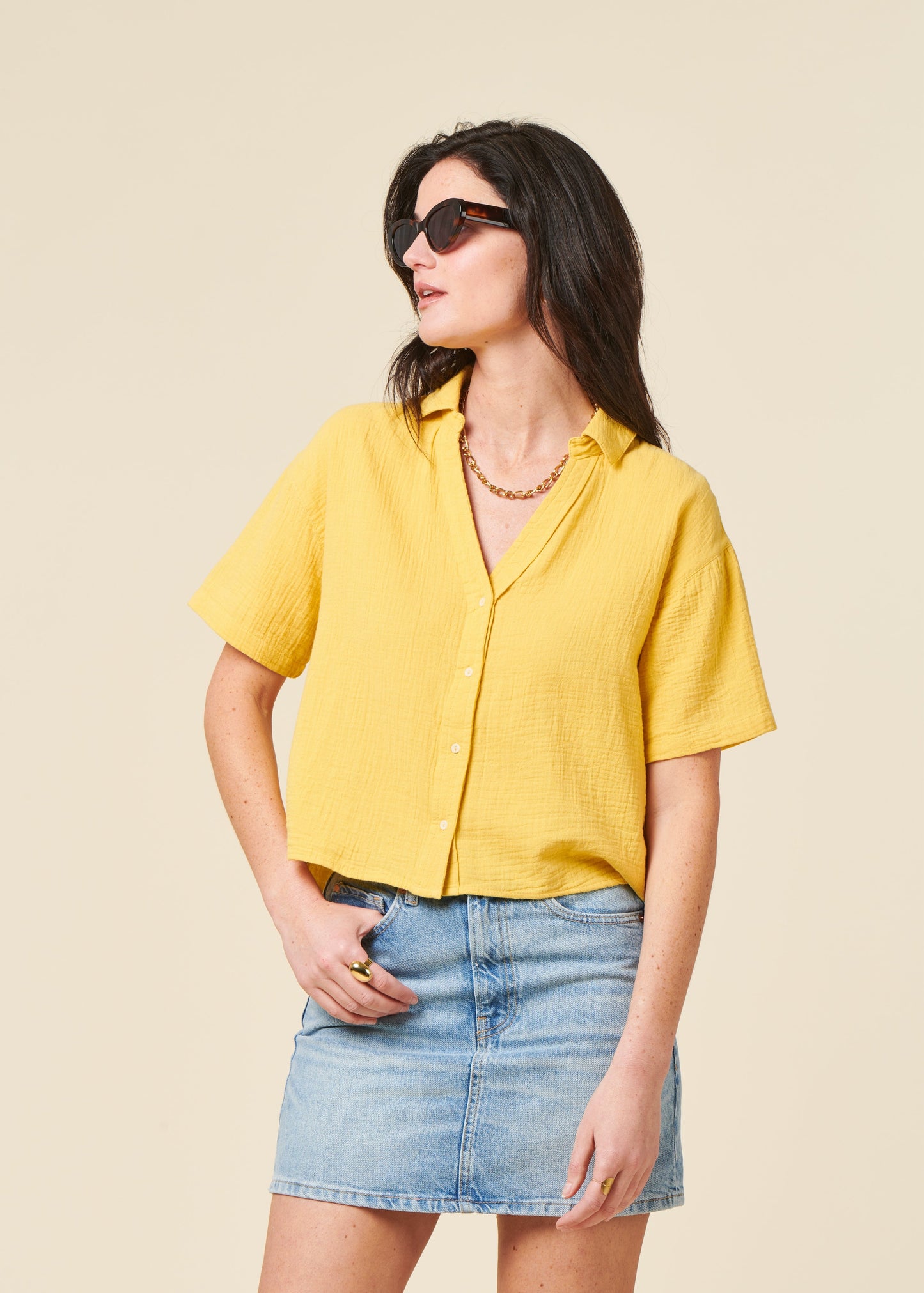 Chemise en coton biologique | jaune "Bubble cropped blouse yellow"