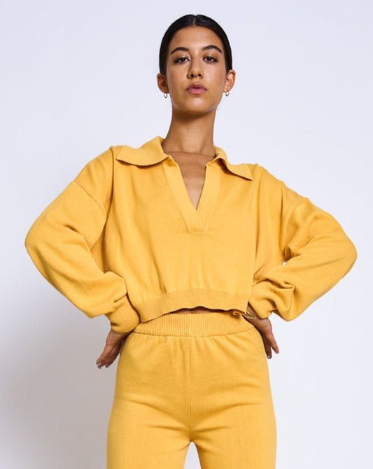 Pull ample court jaune en coton bio - almada mango