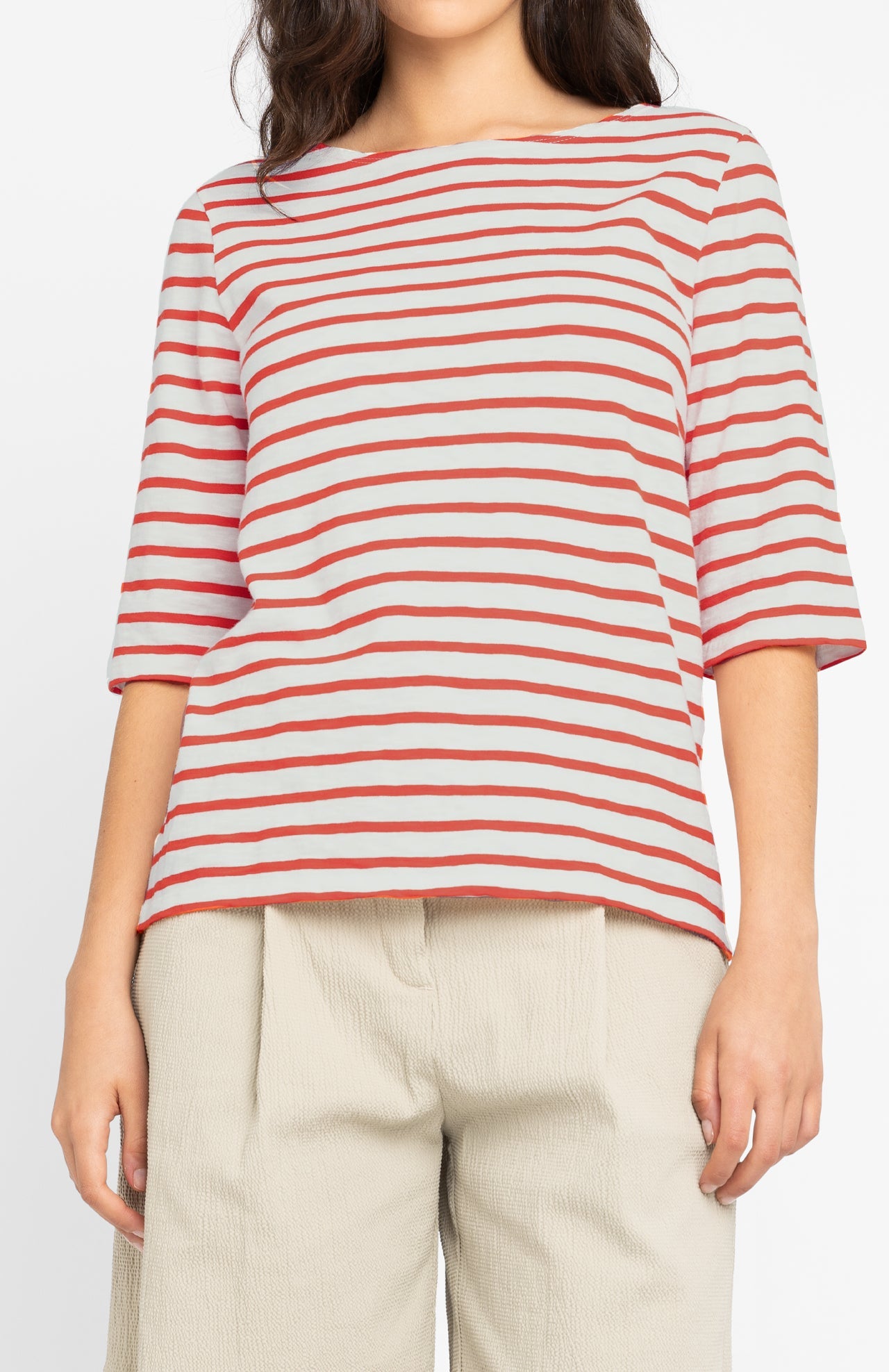 T-shirt manches 3/4 en coton bio | rayé "bogak w ss - off white/coral"
