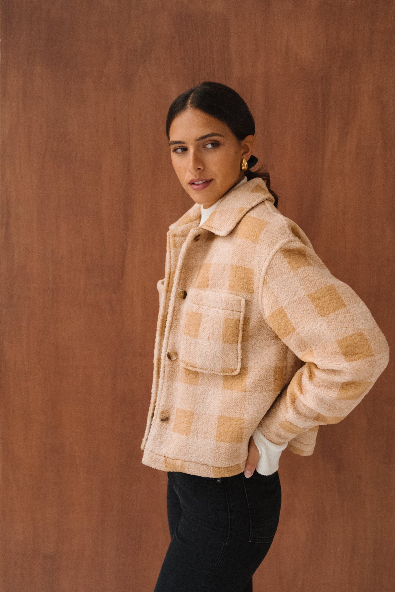 Veste polaire en matière recyclée | carreaux beige "hoben - mustard check"