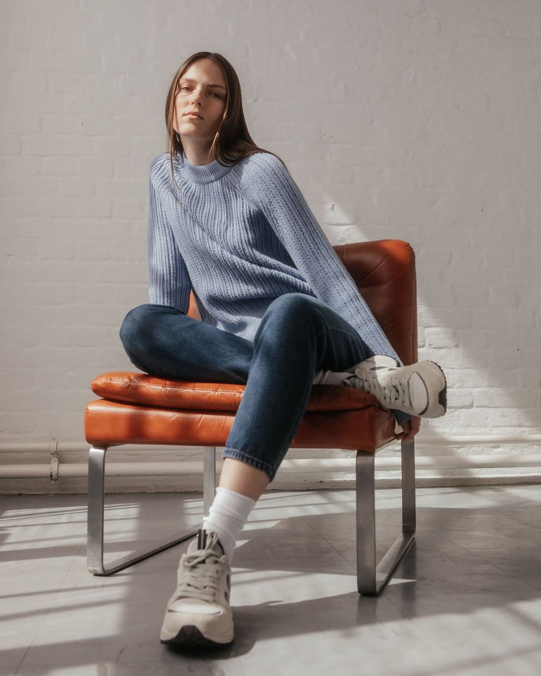 Pull en maille bleu ciel en coton bio et laine bio - Hinaa