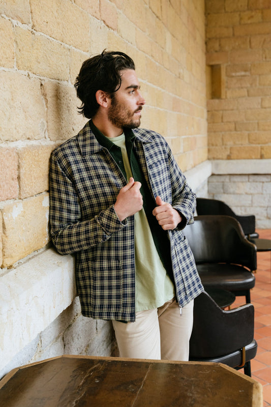 Veste zippée marine à carreaux en coton bio - double faced twill navy check