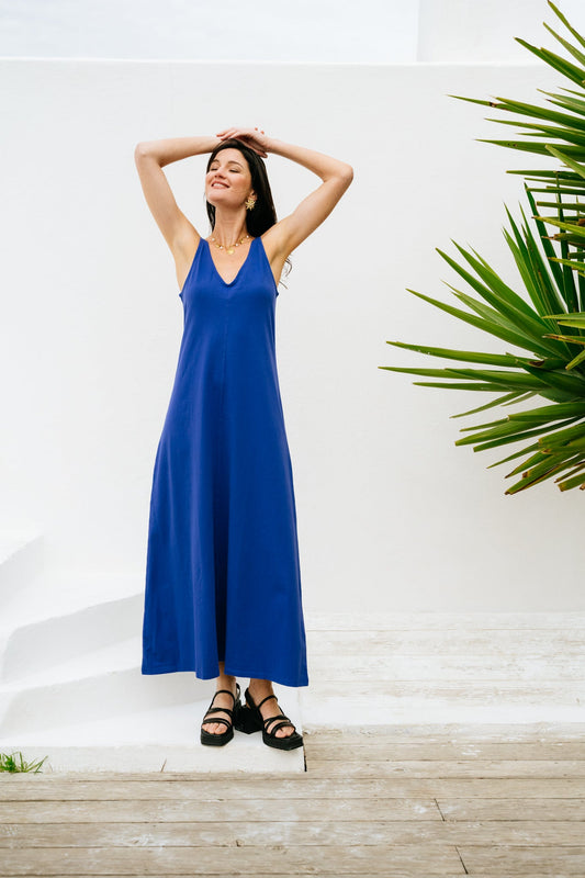 Robe longue en coton bio | bleu "Indigo sade dress - blue"