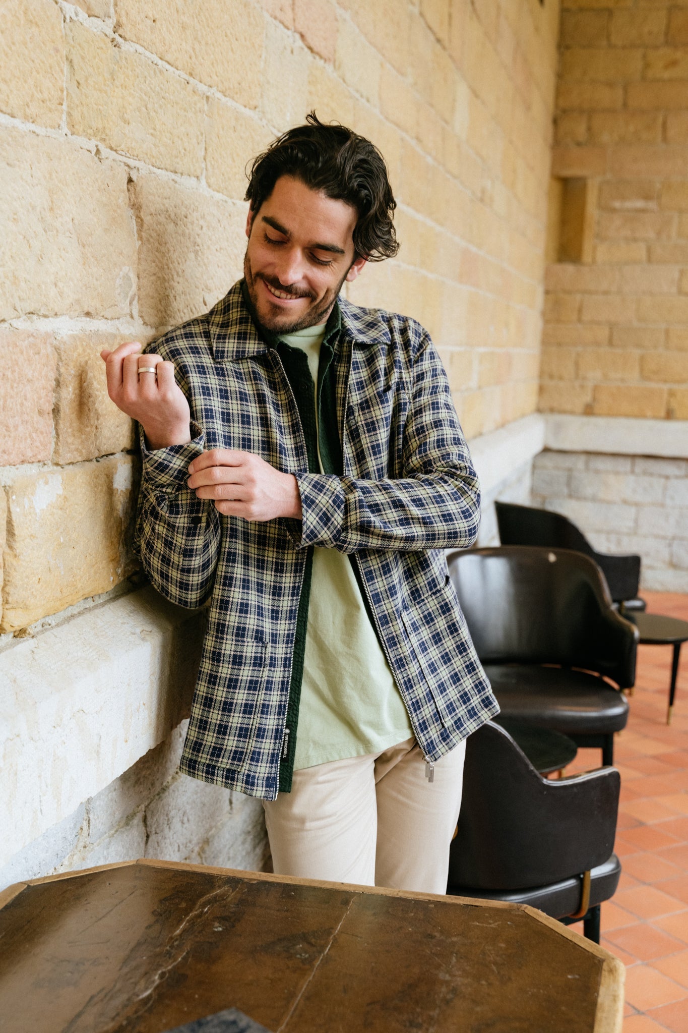 Veste zippée marine à carreaux en coton bio - double faced twill navy check