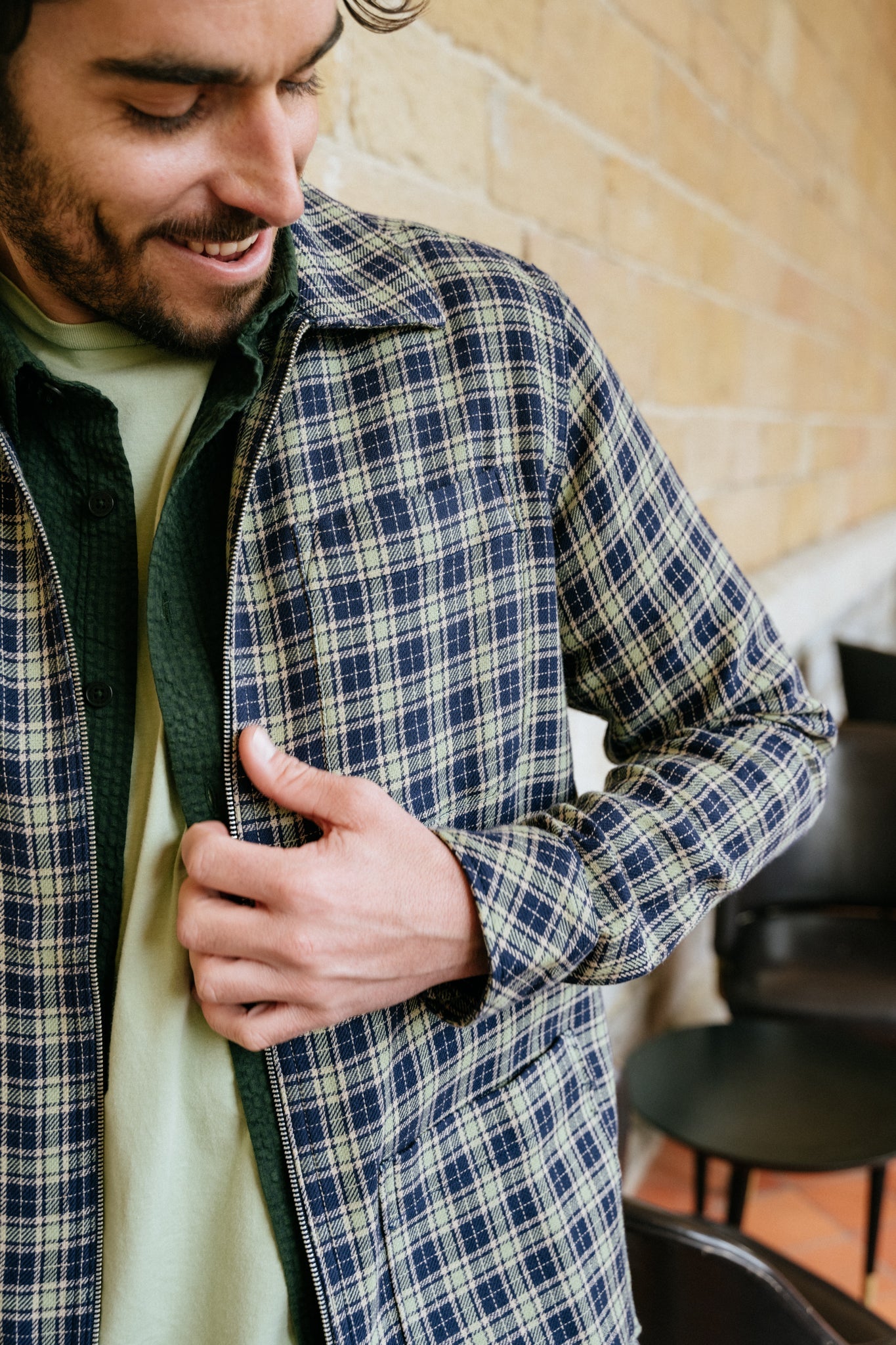 Veste zippée marine à carreaux en coton bio - double faced twill navy check