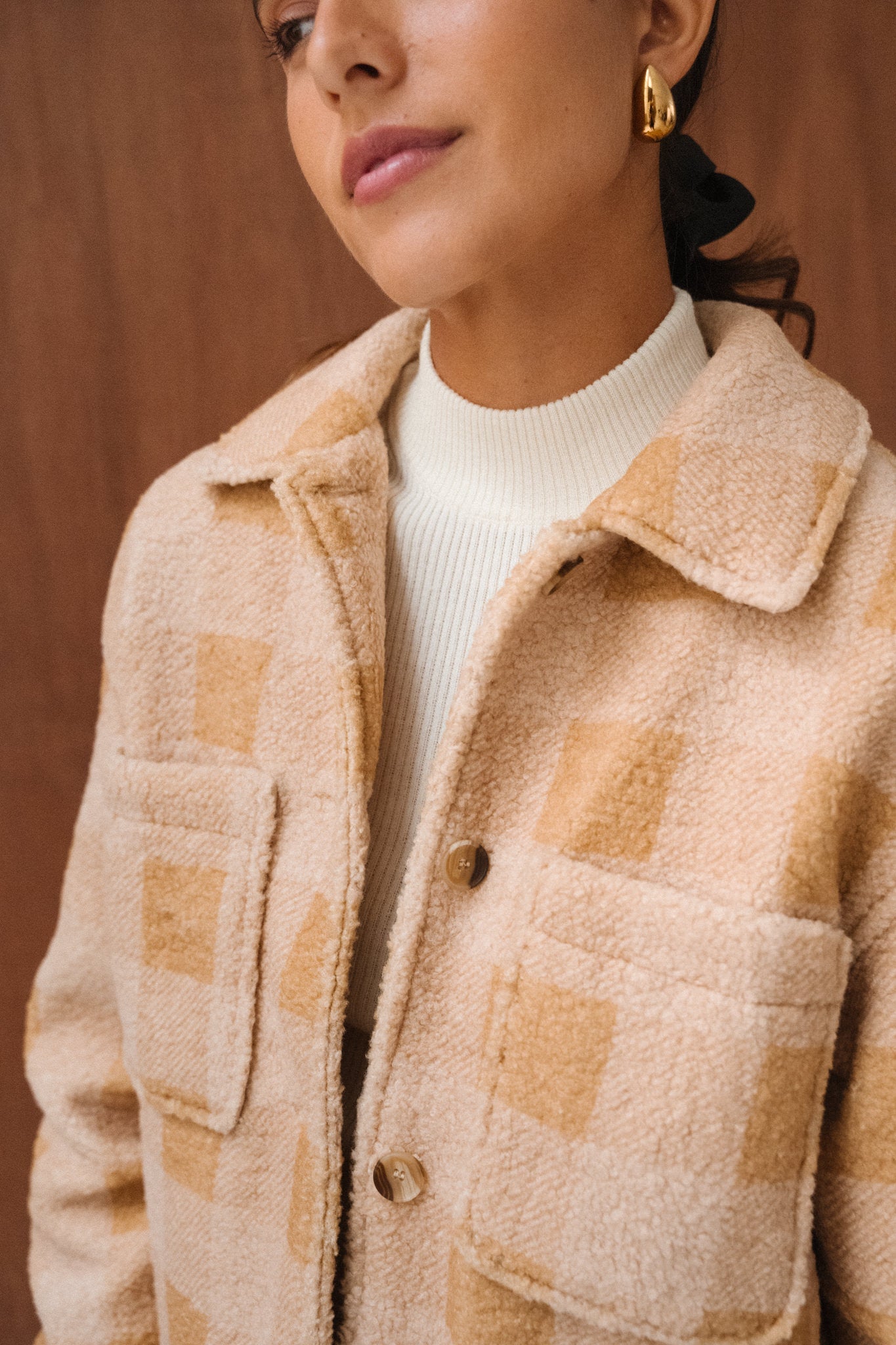 Veste polaire en matière recyclée | carreaux beige "hoben - mustard check"
