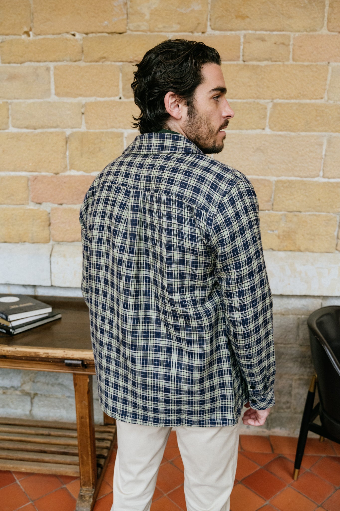 Veste zippée marine à carreaux en coton bio - double faced twill navy check