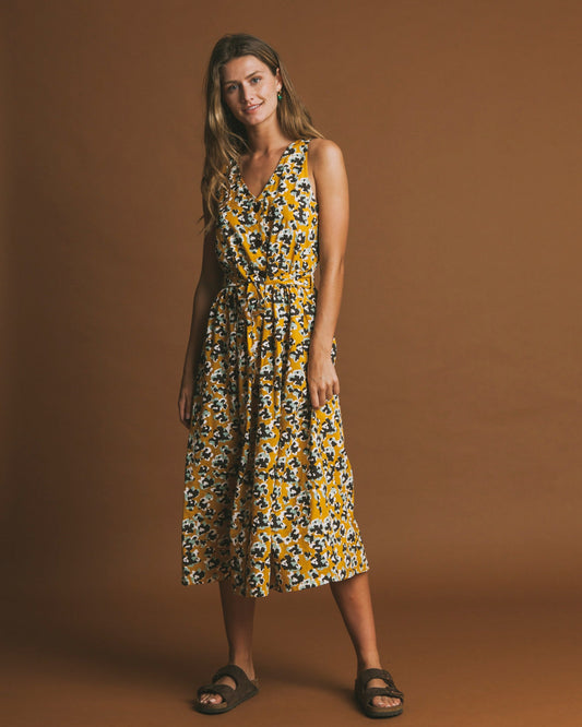 Robe longue jaune motifs fleurs en coton bio - Abstract flowers