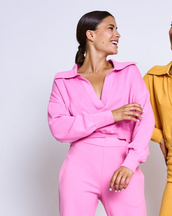 Pull col v court rose en coton bio - almada raspberry