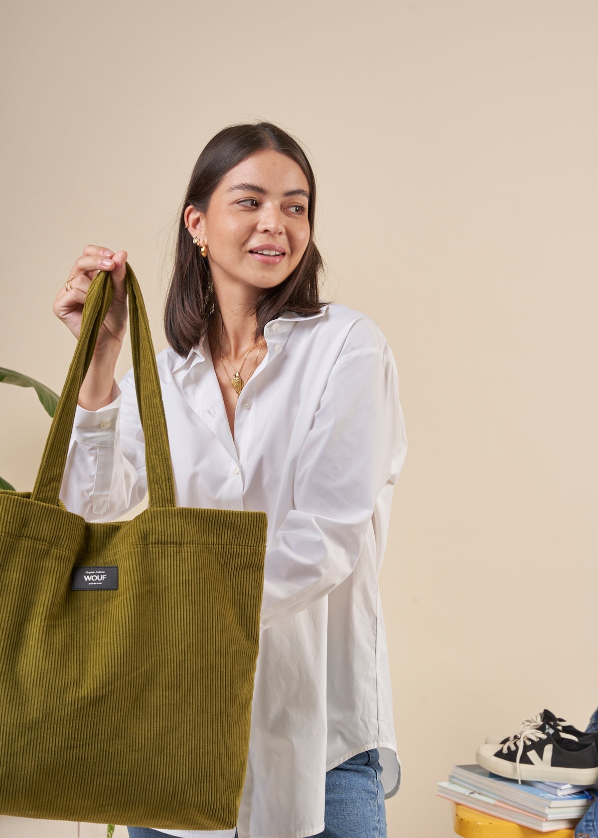 Sac cabas olive en velours de coton bio | "olive tote bag"