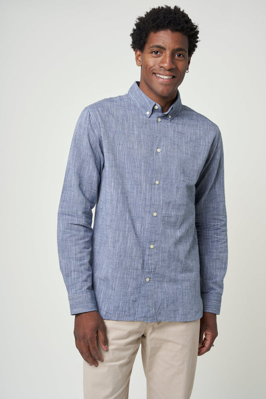 Chemise bleu chiné en coton et lin bio - custom fit linen total eclipse