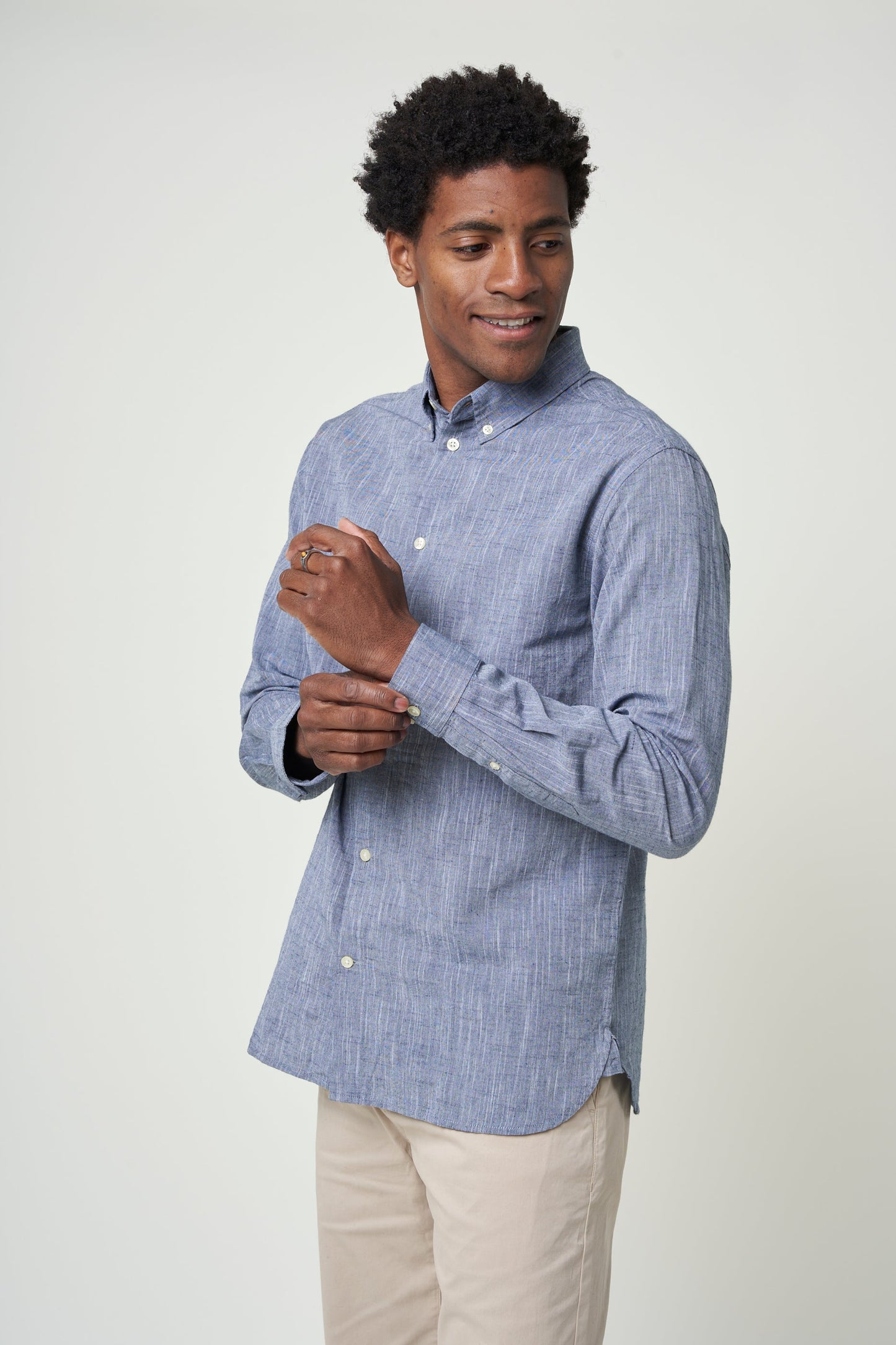 Chemise bleu chiné en coton et lin bio - custom fit linen total eclipse