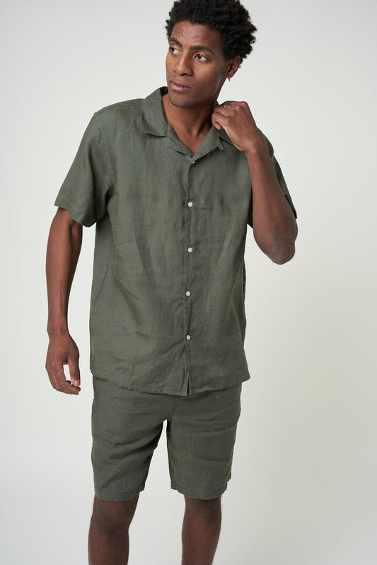 Chemisette olive en lin bio - box fit short sleeved linen burned olive