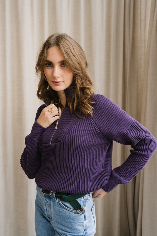 pull col zippé en coton bio | violet "ronyiaas - blue ash"
