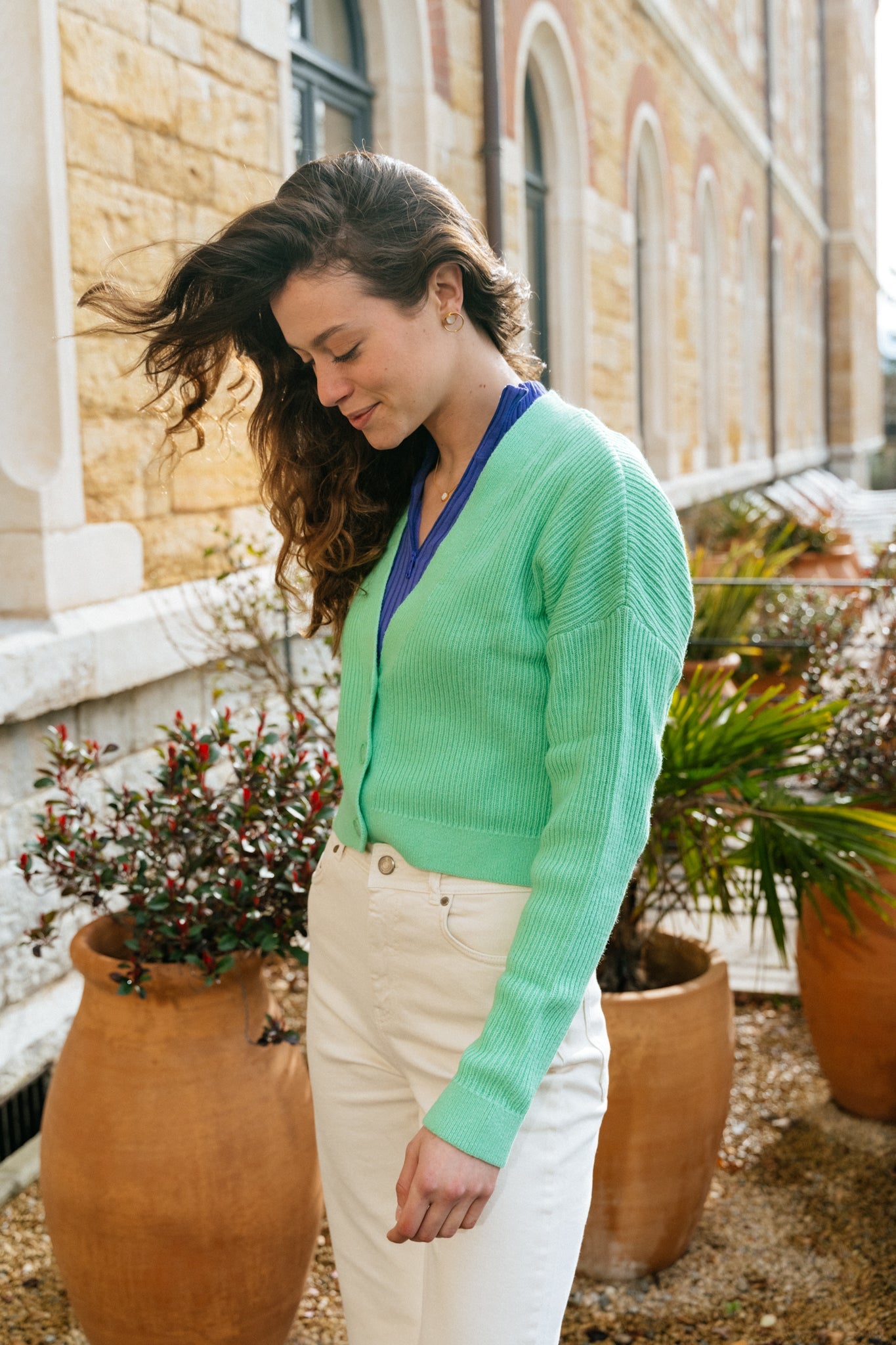 Gilet vert en ecovero, coton et laine bio - damiraa soft bright lime